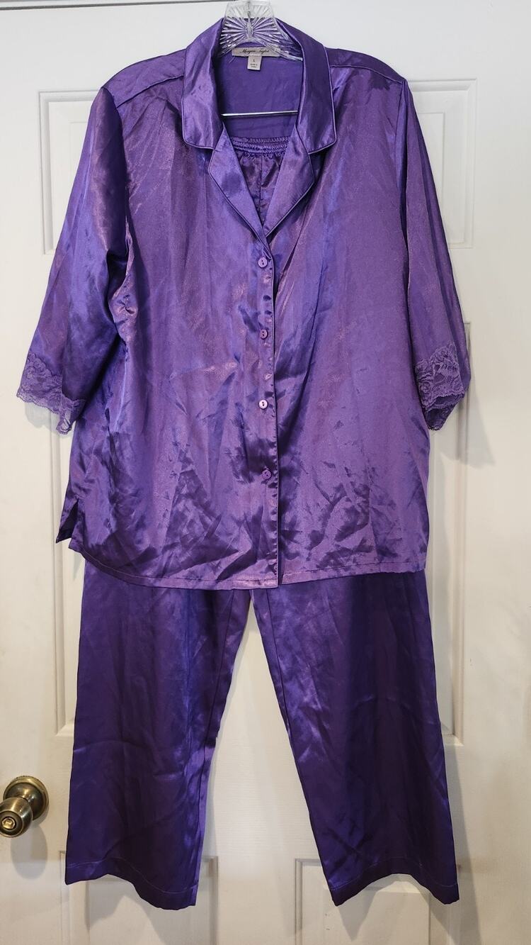 Morgan Taylor Intimates Large Purple Satin Pajama Set 2pc Top & Pants Lace #264